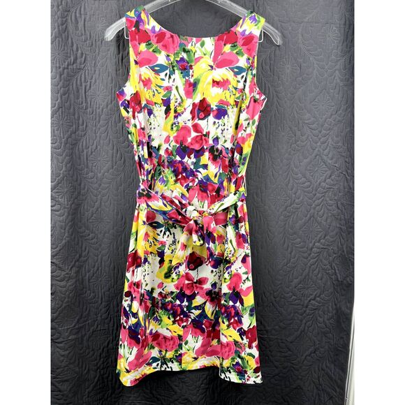 Elementz Pink White Floral Vertical Seam Belted Fit & Flare Dress SZ S:Pre-Owned - Picture 4 of 5